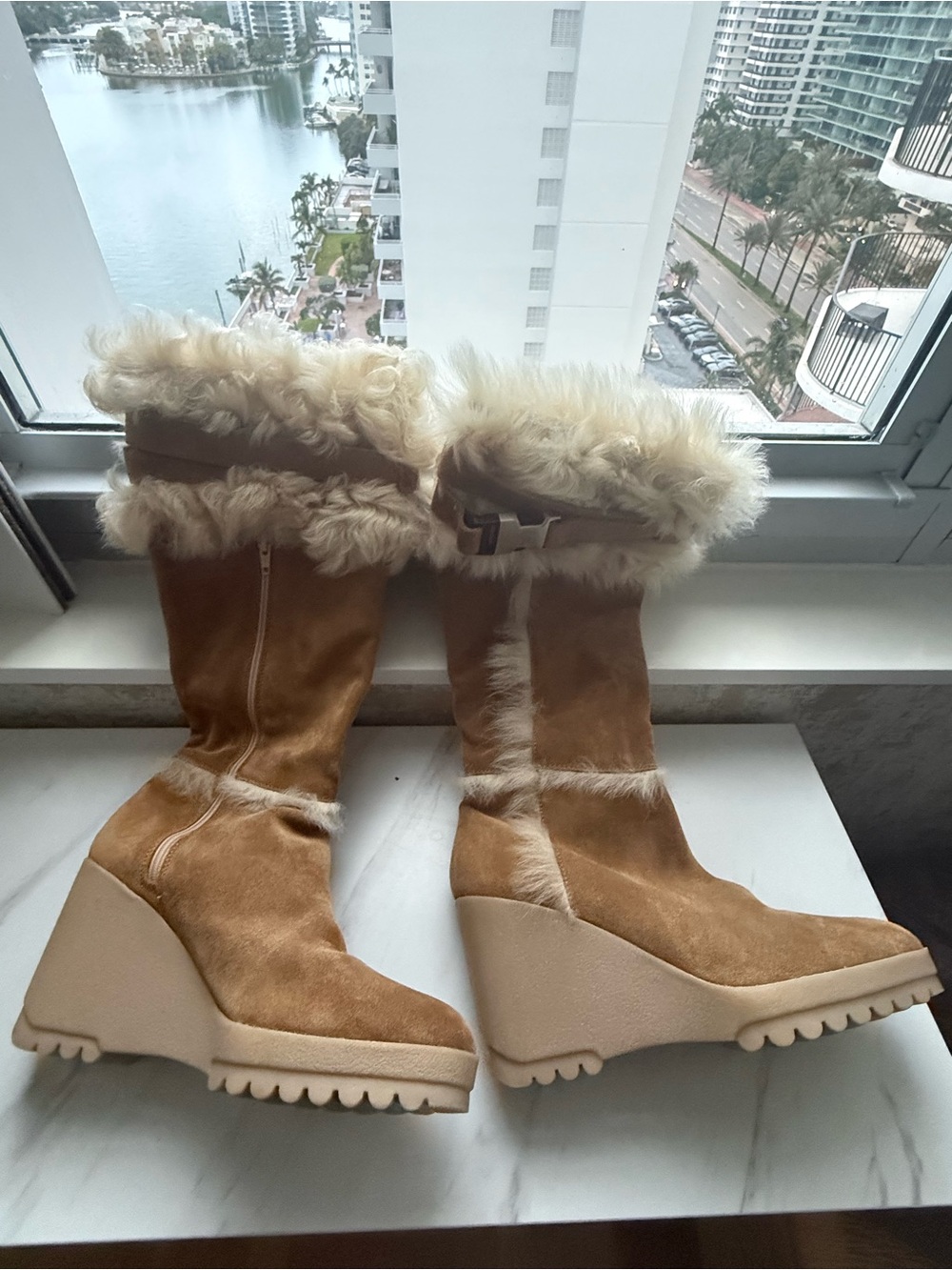 Coach Tan Suede Wedge Boots with Shearling Cuff